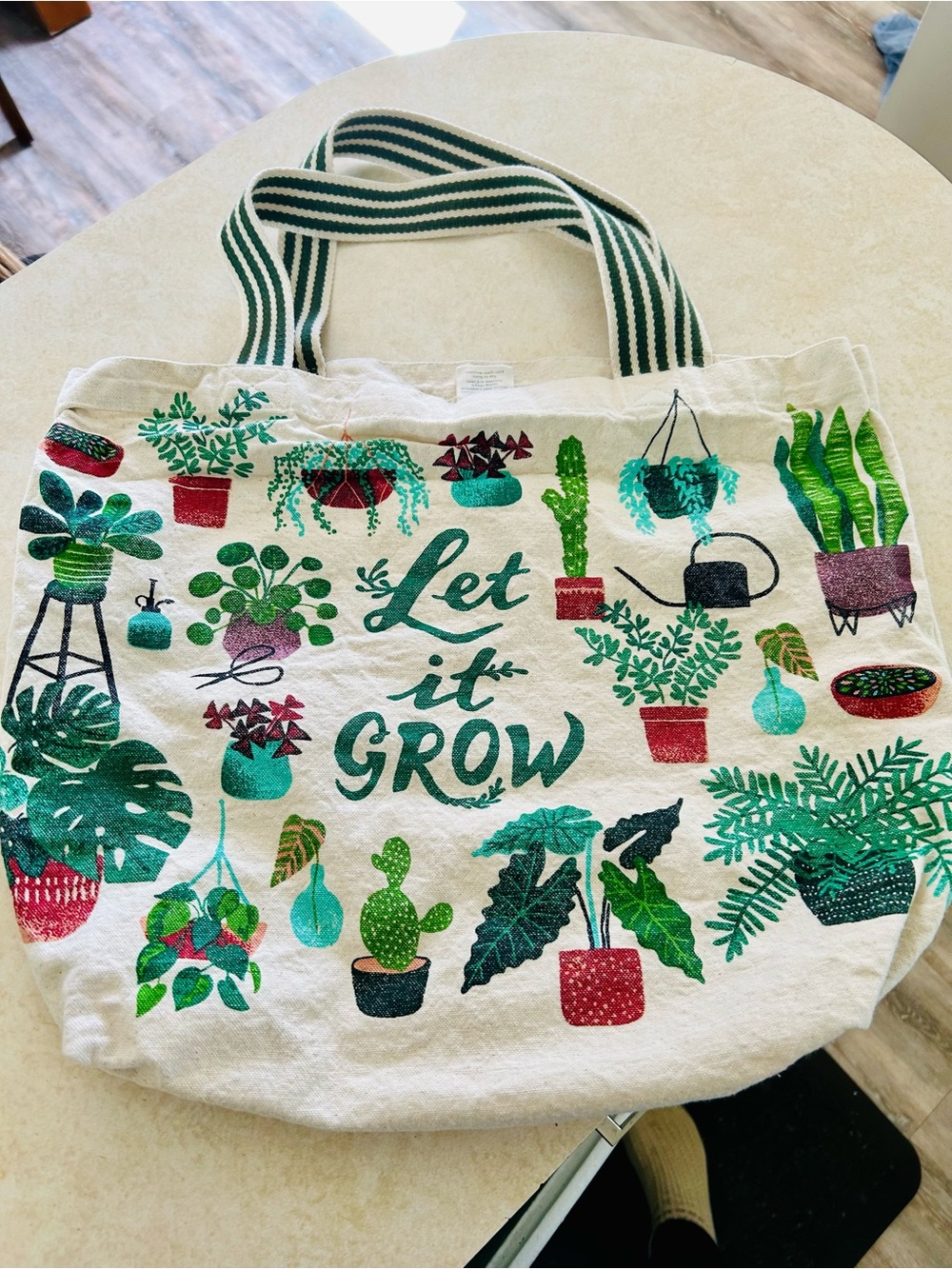 Danica Jubilee White Tote with Green and Teal Plant Print Let it Grow